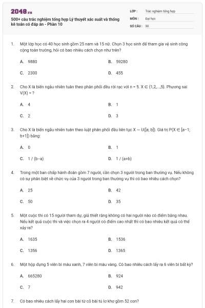 500+ câu trắc nghiệm tổng hợp Lý thuyết xác suất và thống kê toán có đáp án - Phần 10