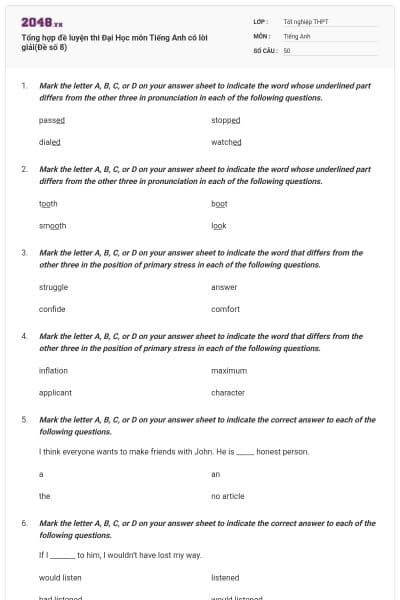 Tổng hợp đề luyện thi Đại Học môn Tiếng Anh có lời giải(Đề số 8)