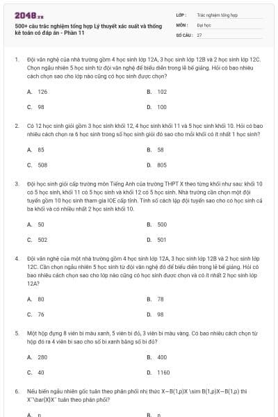 500+ câu trắc nghiệm tổng hợp Lý thuyết xác suất và thống kê toán có đáp án - Phần 11