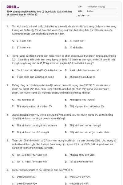 500+ câu trắc nghiệm tổng hợp Lý thuyết xác suất và thống kê toán có đáp án - Phần 13