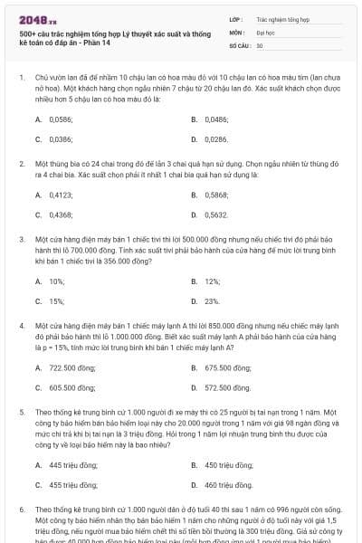 500+ câu trắc nghiệm tổng hợp Lý thuyết xác suất và thống kê toán có đáp án - Phần 14