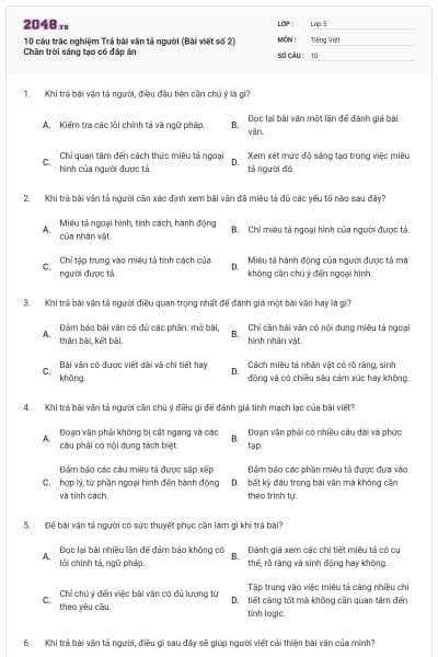10 câu trắc nghiệm Trả bài văn tả người (Bài viết số 2) Chân trời sáng tạo có đáp án