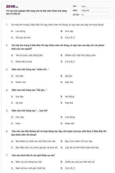 10 câu trắc nghiệm Mở rộng vốn từ Đội viên Chân trời sáng tạo có đáp án