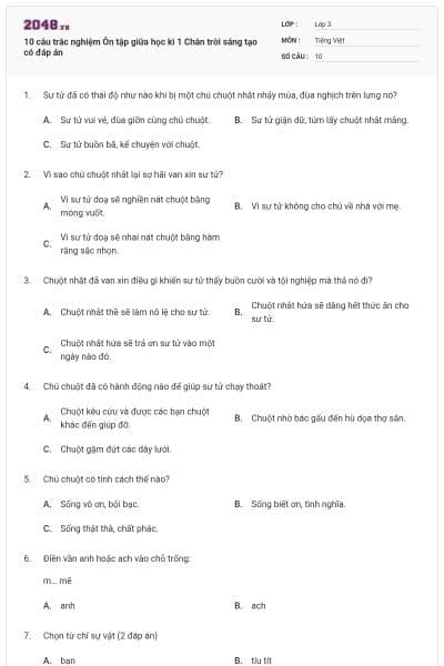 10 câu trắc nghiệm Ôn tập giữa học kì 1 Chân trời sáng tạo có đáp án