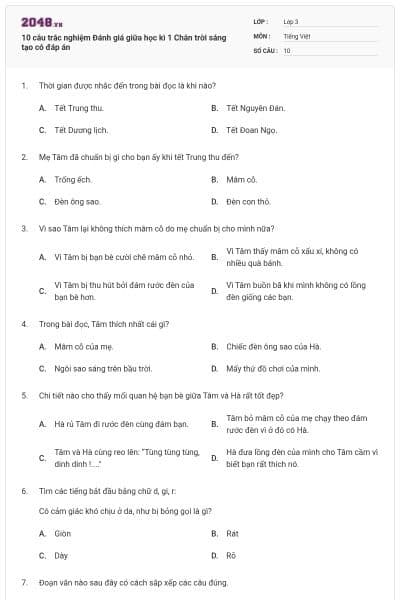 10 câu trắc nghiệm Đánh giá giữa học kì 1 Chân trời sáng tạo có đáp án