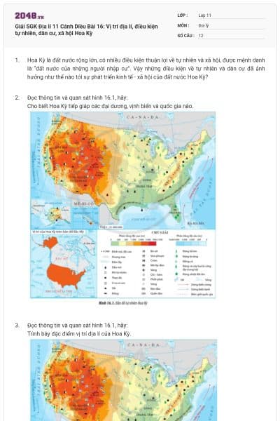 Giải SGK Địa lí 11 Cánh Diều Bài 16: Vị trí địa lí, điều kiện tự nhiên, dân cư, xã hội Hoa Kỳ