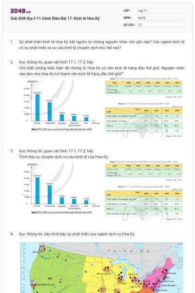 Giải SGK Địa lí 11 Cánh Diều Bài 17: Kinh tế Hoa Kỳ
