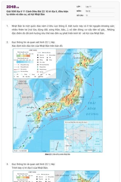 Giải SGK Địa lí 11 Cánh Diều Bài 22: Vị trí địa lí, điều kiện tự nhiên và dân cư, xã hội Nhật Bản