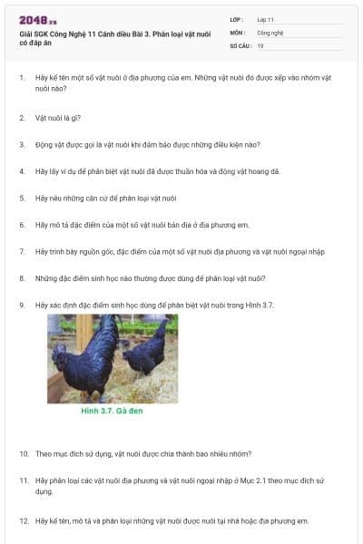 Giải SGK Công Nghệ 11 Cánh diều Bài 3. Phân loại vật nuôi có đáp án