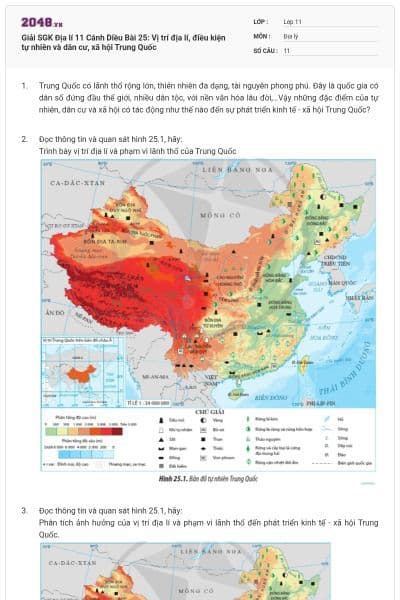 Giải SGK Địa lí 11 Cánh Diều Bài 25: Vị trí địa lí, điều kiện tự nhiên và dân cư, xã hội Trung Quốc