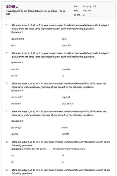 Tuyển tập đề thi thử Tiếng Anh cực hay có lời giải (Đề số 22)