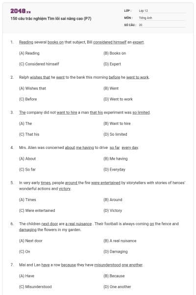 150 câu trắc nghiệm Tìm lỗi sai nâng cao (P7)