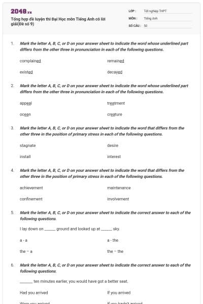 Tổng hợp đề luyện thi Đại Học môn Tiếng Anh có lời giải(Đề số 9)