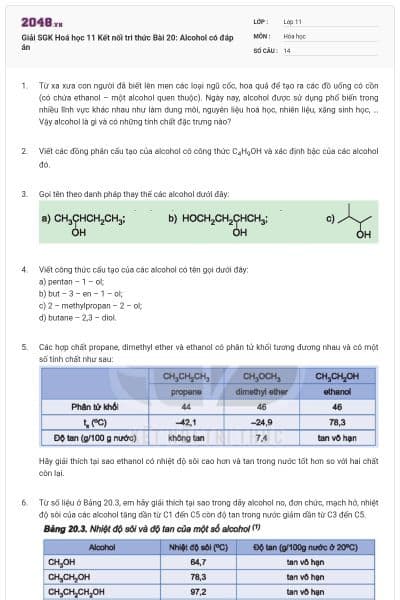 Giải SGK Hoá học 11 Kết nối tri thức Bài 20: Alcohol có đáp án