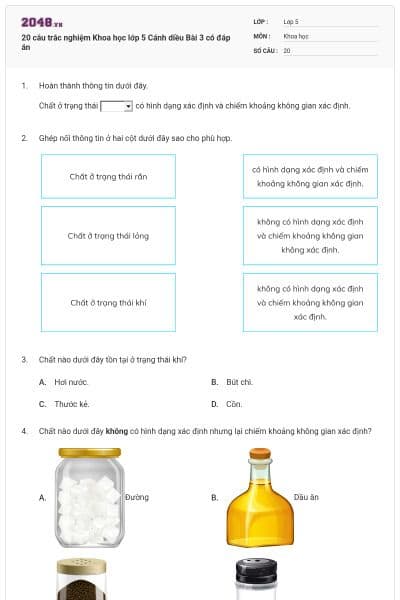 20 câu trắc nghiệm Khoa học lớp 5 Cánh diều Bài 3 có đáp án