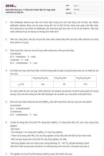 Giải SGK Hoá học 11 Kết nối tri thức Bài 23: Hợp chất carbonyl có đáp án