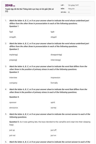 Tuyển tập đề thi thử Tiếng Anh cực hay có lời giải (Đề số 23)
