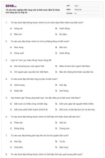 10 câu trắc nghiệm Mở rộng vốn từ Đất nước (Bài 8) Chân trời sáng tạo có đáp án