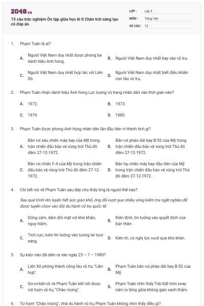 15 câu trắc nghiệm Ôn tập giữa học kì II Chân trời sáng tạo có đáp án