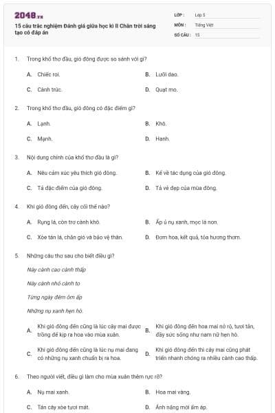 15 câu trắc nghiệm Đánh giá giữa học kì II Chân trời sáng tạo có đáp án