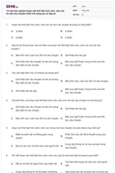 10 câu trắc nghiệm Đoạn văn thể hiện tình cảm, cảm xúc về một câu chuyện Chân trời sáng tạo có đáp án