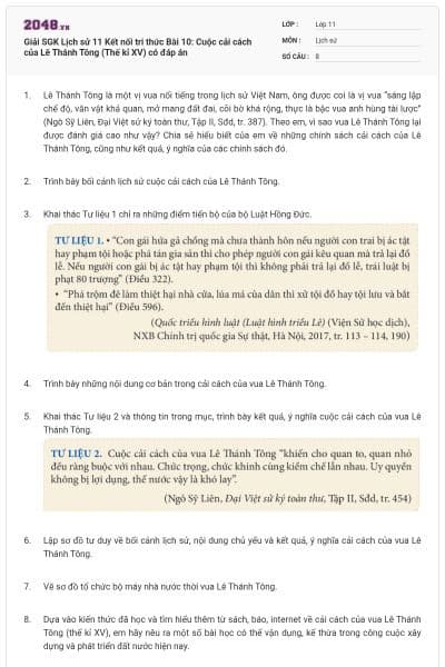 Giải SGK Lịch sử 11 Kết nối tri thức Bài 10: Cuộc cải cách của Lê Thánh Tông (Thế kỉ XV) có đáp án
