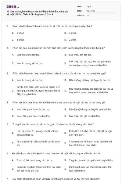 10 câu trắc nghiệm Đoạn văn thể hiện tình cảm, cảm xúc về một bài thơ Chân trời sáng tạo có đáp án
