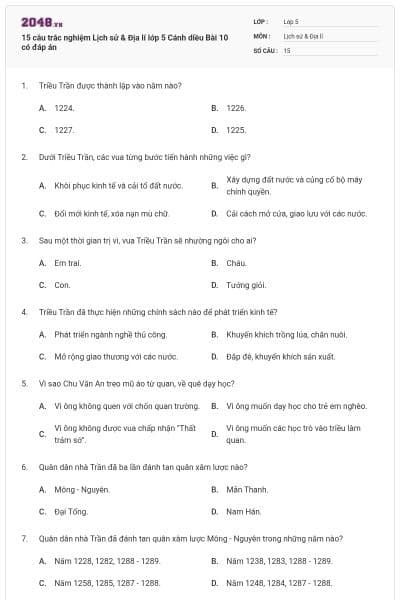 15 câu trắc nghiệm Lịch sử & Địa lí lớp 5 Cánh diều Bài 10 có đáp án