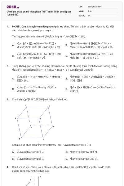 Đề tham khảo ôn thi tốt nghiệp THPT môn Toán có đáp án (Đề số 46)