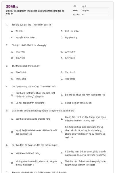 20 câu trắc nghiệm Theo chân Bác Chân trời sáng tạo có đáp án