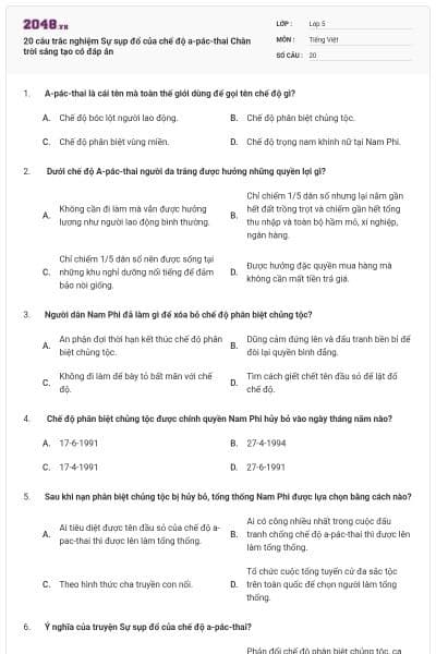 20 câu trắc nghiệm Sự sụp đổ của chế độ a-pác-thai Chân trời sáng tạo có đáp án