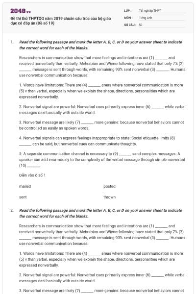 Đề thi thử THPTQG năm 2019 chuẩn cấu trúc của bộ giáo dục có đáp án (Đề số 19)