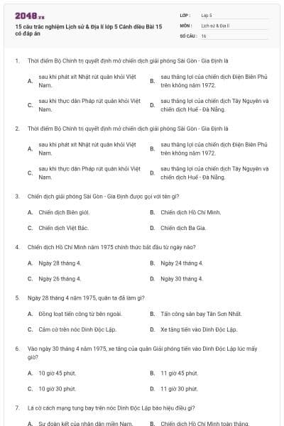 15 câu trắc nghiệm Lịch sử & Địa lí lớp 5 Cánh diều Bài 15 có đáp án