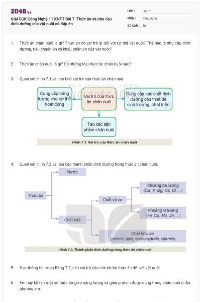 Giải SGK Công Nghệ 11 KNTT Bài 7. Thức ăn và nhu cầu dinh dưỡng của vật nuôi có đáp án