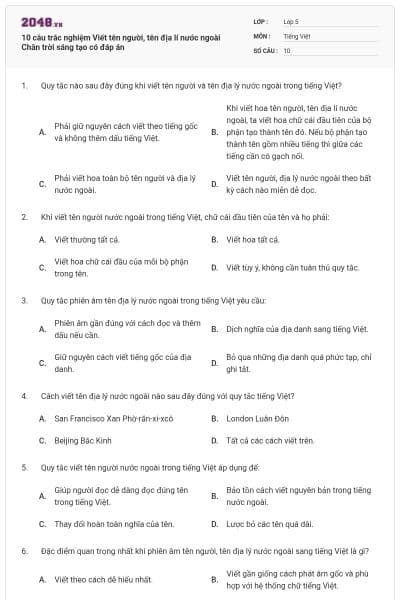 10 câu trắc nghiệm Viết tên người, tên địa lí nước ngoài Chân trời sáng tạo có đáp án