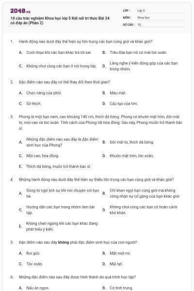 10 câu trắc nghiệm Khoa học lớp 5 Kết nối tri thức Bài 24 có đáp án (Phần 2)