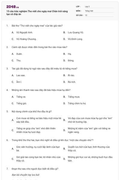 15 câu trắc nghiệm Thơ viết cho ngày mai Chân trời sáng tạo có đáp án