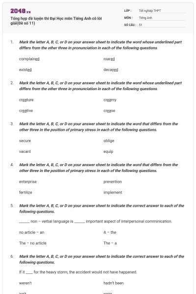 Tổng hợp đề luyện thi Đại Học môn Tiếng Anh có lời giải(Đề số 11)