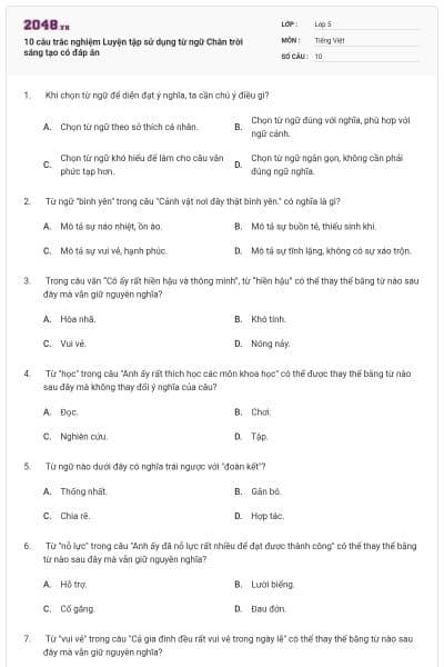 10 câu trắc nghiệm Luyện tập sử dụng từ ngữ Chân trời sáng tạo có đáp án