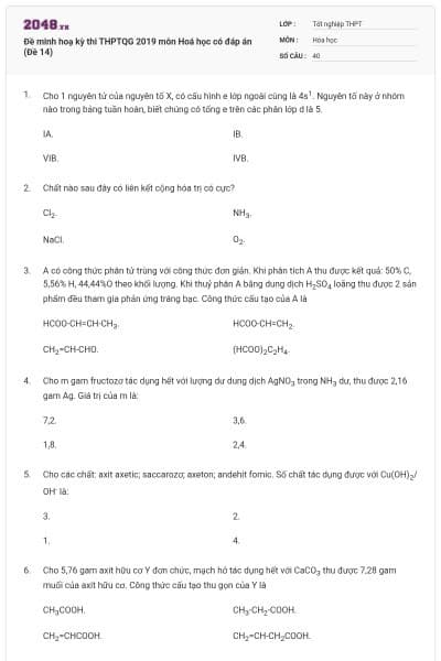 Đề minh hoạ kỳ thi THPTQG 2019 môn Hoá học có đáp án (Đề 14)