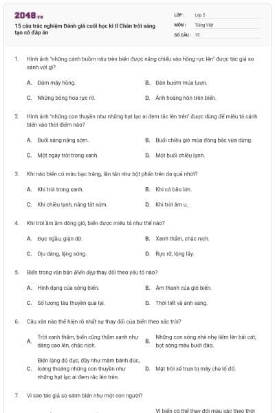 15 câu trắc nghiệm Đánh giá cuối học kì II Chân trời sáng tạo có đáp án