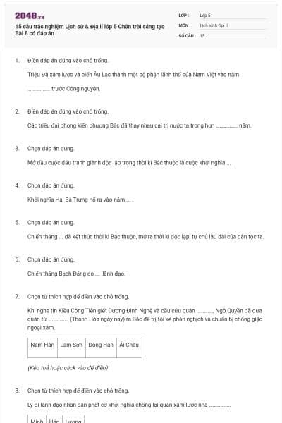 15 câu trắc nghiệm Lịch sử & Địa lí lớp 5 Chân trời sáng tạo Bài 8 có đáp án