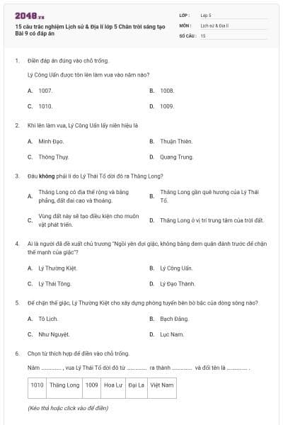 15 câu trắc nghiệm Lịch sử & Địa lí lớp 5 Chân trời sáng tạo Bài 9 có đáp án