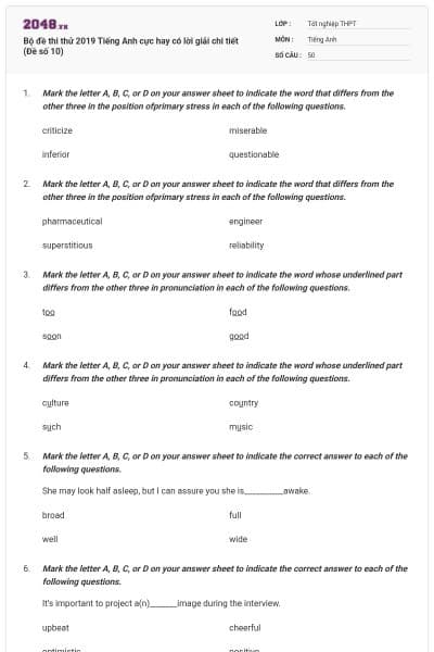 Bộ đề thi thử 2019 Tiếng Anh cực hay có lời giải chi tiết (Đề số 10)