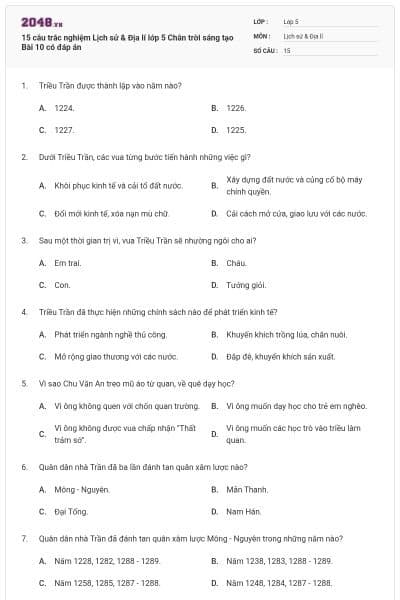 15 câu trắc nghiệm Lịch sử & Địa lí lớp 5 Chân trời sáng tạo Bài 10 có đáp án