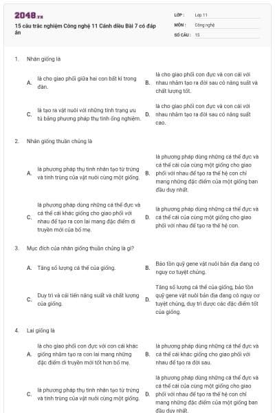 15 câu trắc nghiệm Công nghệ 11 Cánh diều Bài 7 có đáp án