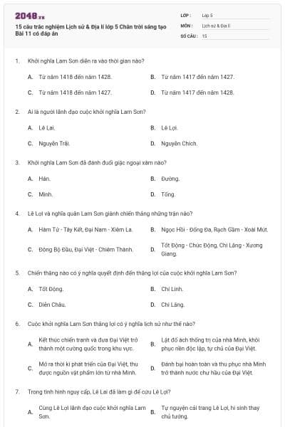 15 câu trắc nghiệm Lịch sử & Địa lí lớp 5 Chân trời sáng tạo Bài 11 có đáp án