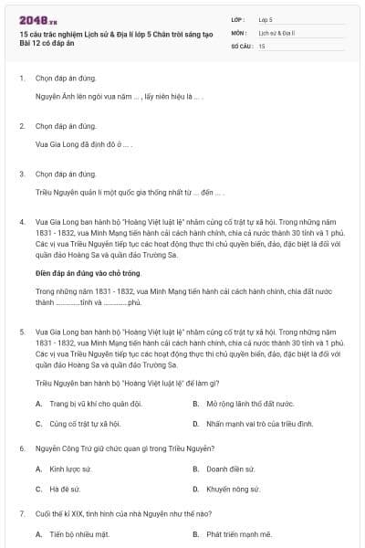 15 câu trắc nghiệm Lịch sử & Địa lí lớp 5 Chân trời sáng tạo Bài 12 có đáp án