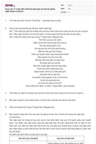 Soạn văn 11 Cánh diều Viết bài nghị luận về một tác phẩm nghệ thuật có đáp án