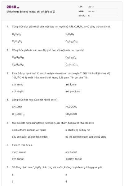 Đề kiểm tra Este có lời giải chi tiết (Đề số 2)